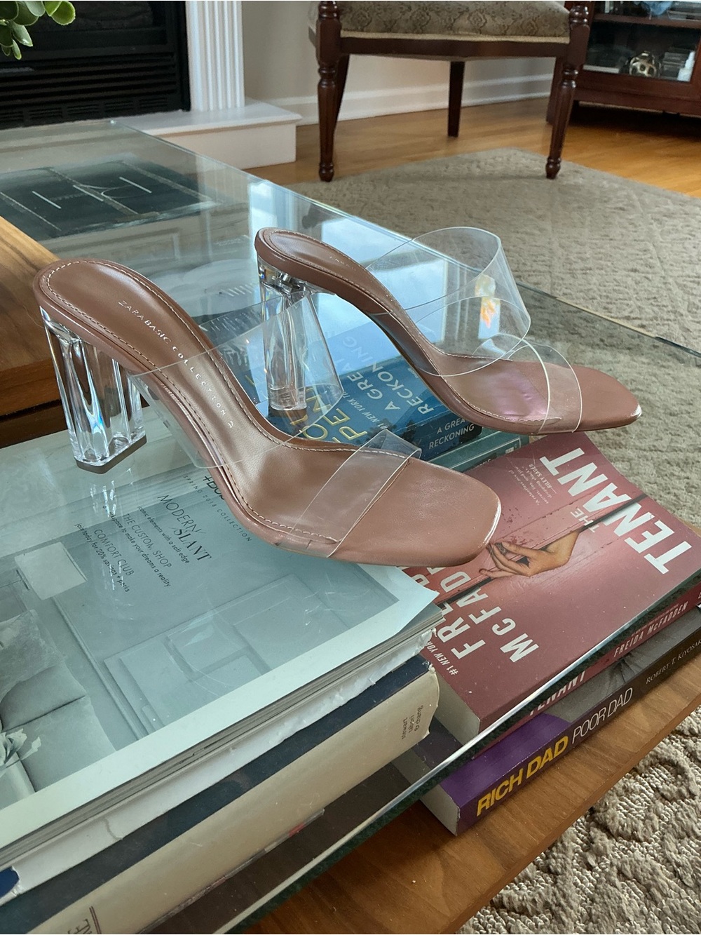 Zara Blush Pink Clear Strap Block Heel Mules